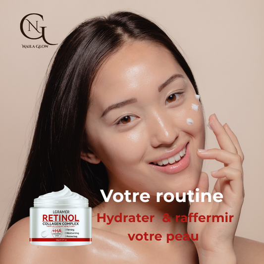 Crème raffermissante au rétinol et collagène pour lisser les rides et hydrater la peau.